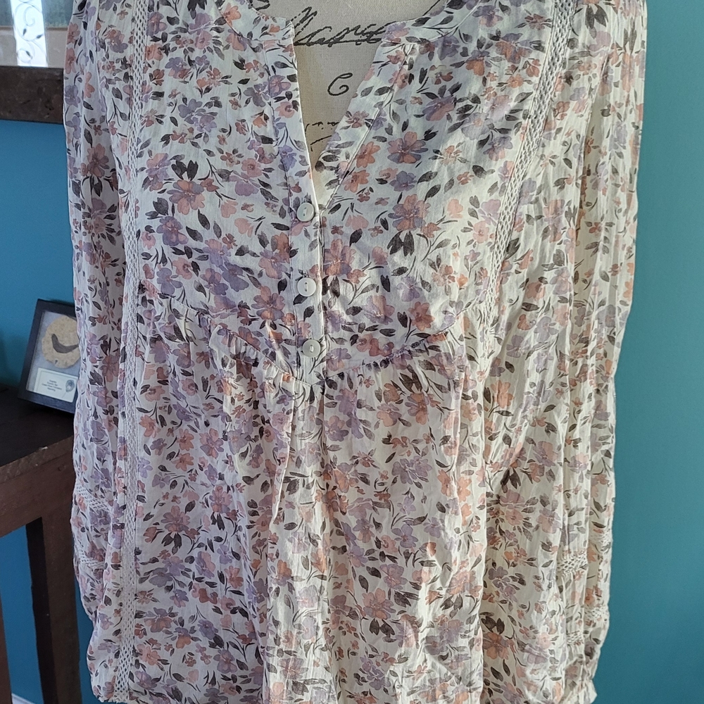 Lucky Brand Floral Boho Blouse Long Sleeve Small - Picture 2 of 5